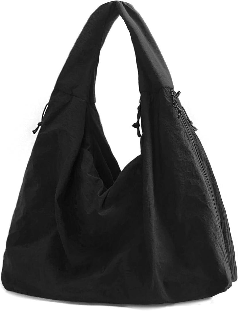 Large Nylon Hobo Bag Women Crescent Shoulder Bag Vintage Tote Bag Casual Shopper Handbag for Women (Black)