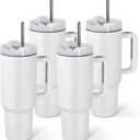 AGH 4 Pack 40 oz White Sublimation Tumbler with Handle, Stainless Steel Straw, Insulated Double Wall Vacuum Reusable Cups with Leakproof Lid
