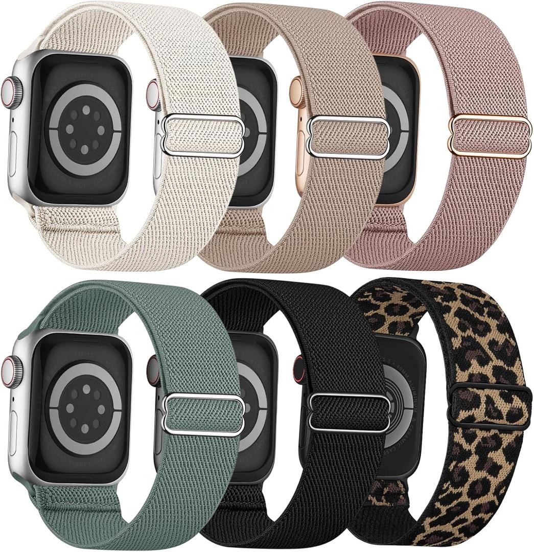 6 Pack Stretchy Solo Loop Compatible with Apple Watch Bands 41mm 40mm 38mm 44mm 45mm 46mm 42mm 49mm Women Men, Water-Resistant Nylon Elastic Sport Strap for iWatch Series 11 10 9 8 7 6 5 4 3 SE Ultra (Black/Leopard/Cactus/Pink/MilkTea/Starlight)