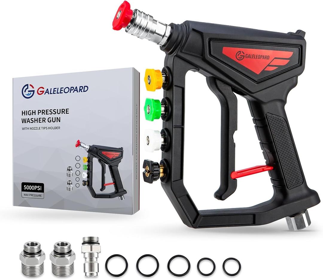 Short Pressure Washer Gun with Nozzle Holder, 5000 PSI High Pressure Washer Gun with 5 Nozzle Tips, 3/8'' Quick Connect, M22-14 mm and M22-15 mm Fittings, Power Washer Gun for Car Wash