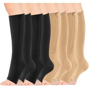 4 Pairs Zipper Compression Socks Women & Men, Toeless Compression Socks, 15-20mmhg Knee High, Anti-Pinch Zipper for Varicose Veins, Elderly, Pregnancy, Nurses, Travel (Large-X-Large)