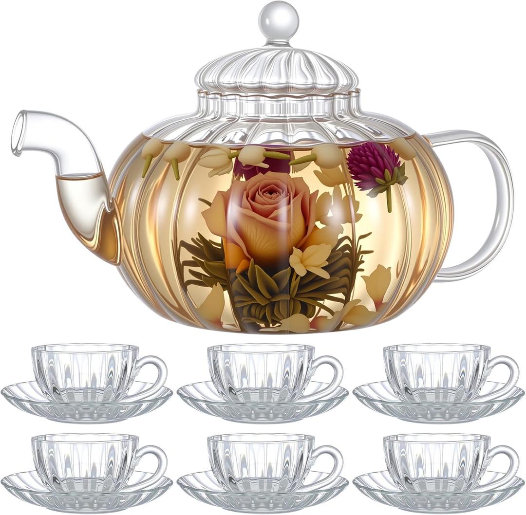 Glass Teapot Set 34 Oz/1000 ml Tea Kettle with Removable Infuser Tea Cups and Saucers Set of 6 Borosilicate Glass Pot for Blooming & Loose Leaf