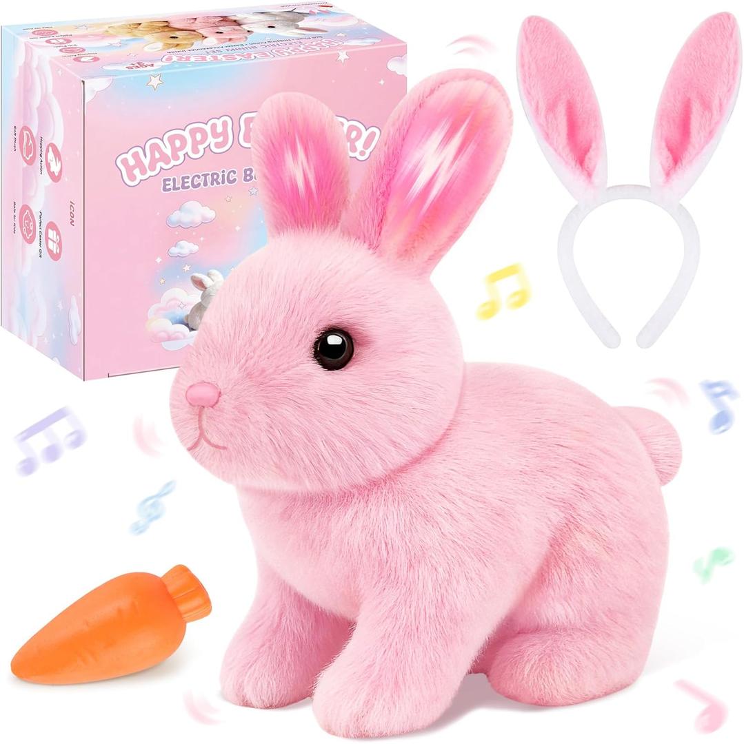 Realistic Bunny for Kids - Interactive Hopping Bunny Toy Set with Bunny Ears, Electric Lifelike Robot Rabbit that Move, Walking Barking and Wagging Tail Bunby Stuffed Animal with Sounds, Pink