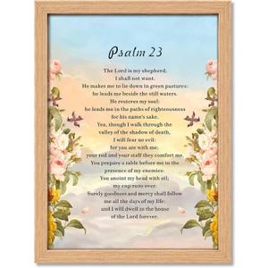 Framed Psalm 23 Flower Canvas Wall Art,The Lord is My Shepherd Christian Scripture Painting Picture Wall Decor,Inspirational Bible Verse Poster Print Artwork,for Bedroom,Prayer Room,office8x10 Inch