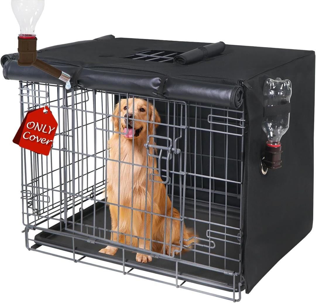 Dog Crate Cover 36 Inch - Three Doors Waterproof Dog Kennel Cover, 600D Oxford Fabric Cage Covers with a Water Bottle Nozzle, Allowing Dogs to Drink Water at Any Time. Black (Cover Only)