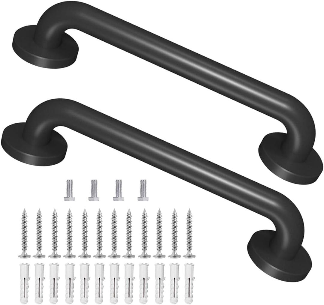 2 Pack 16 Inch Metal Industrial Handrail Grab Pipe Staircase Steps Indoor Exterior Outdoor Deck Hand Rail Safety Grab Bar (Matte Black) Handle for Stairs Bars Wall Elderly Grab Wall Mounted 