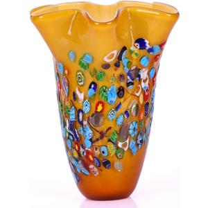 DOVDOV Handmade Glass Blown Orange Wide Mouth Irregular Vase, Modern Art Decoration for Home Office Living Room Dining Table Centerpiece