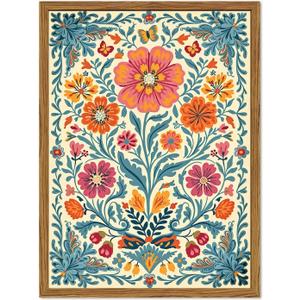 Framed Vintage Mexican Floral Canvas Wall Art, Colorful Folk Flower Wall Decor Pictures, Boho Botanical Painting Prints Rustic Home Decor for Living Room Bedroom 16x24 inch