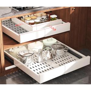 Seinloes 2 Pack Pull Out Cabinet Organizer Expandable Width(13"-21") and Depth(17"-24"), Slide Out Drawers With Raising Pad for Framed Cabinets, No Drill Roll Out Shelves for kitchen, Bathroom, White