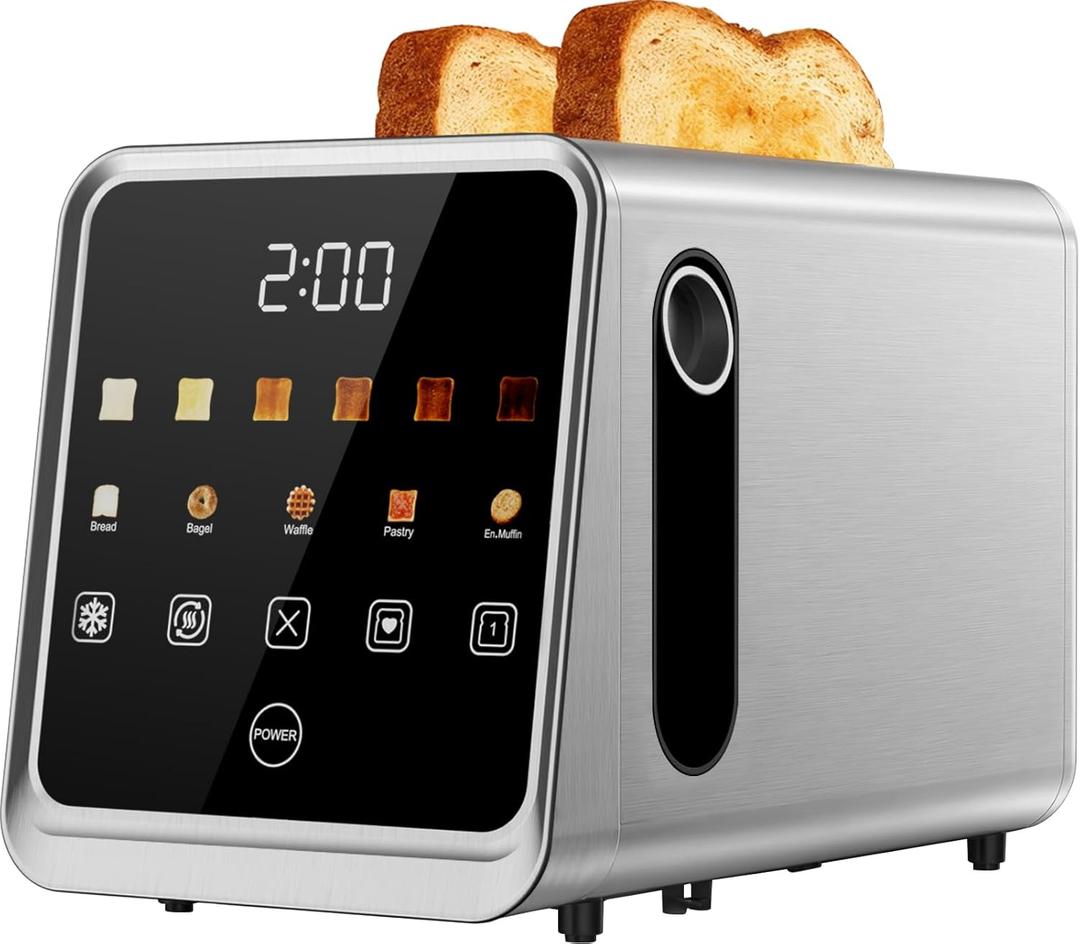 Touch Screen Toaster, 2 Slice, Smart Digital with 1-Touch Memory, 1.5" Wide Slots for Bagels, Brushed Stainless Steel, 900W (Silver + Black)