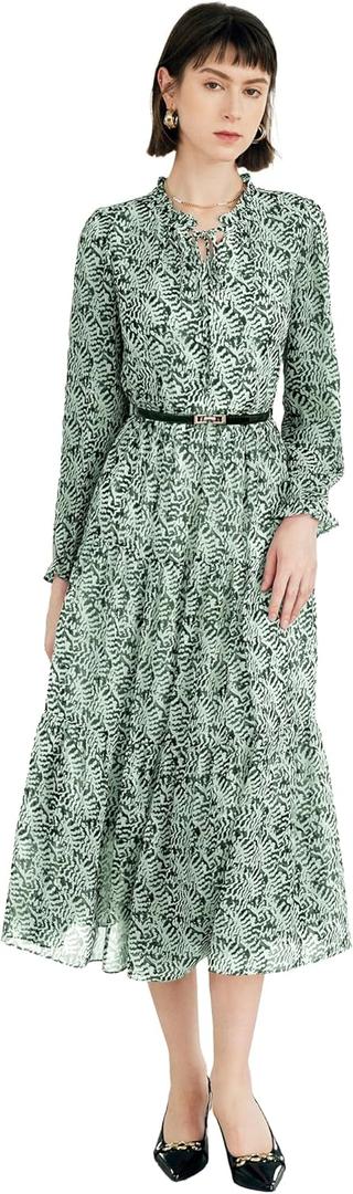 CyperRiver Women's Vintage Floral Print Long Sleeve Dress with Lace Collar and V-Neck Design Mid-Length A-Line Dress, M