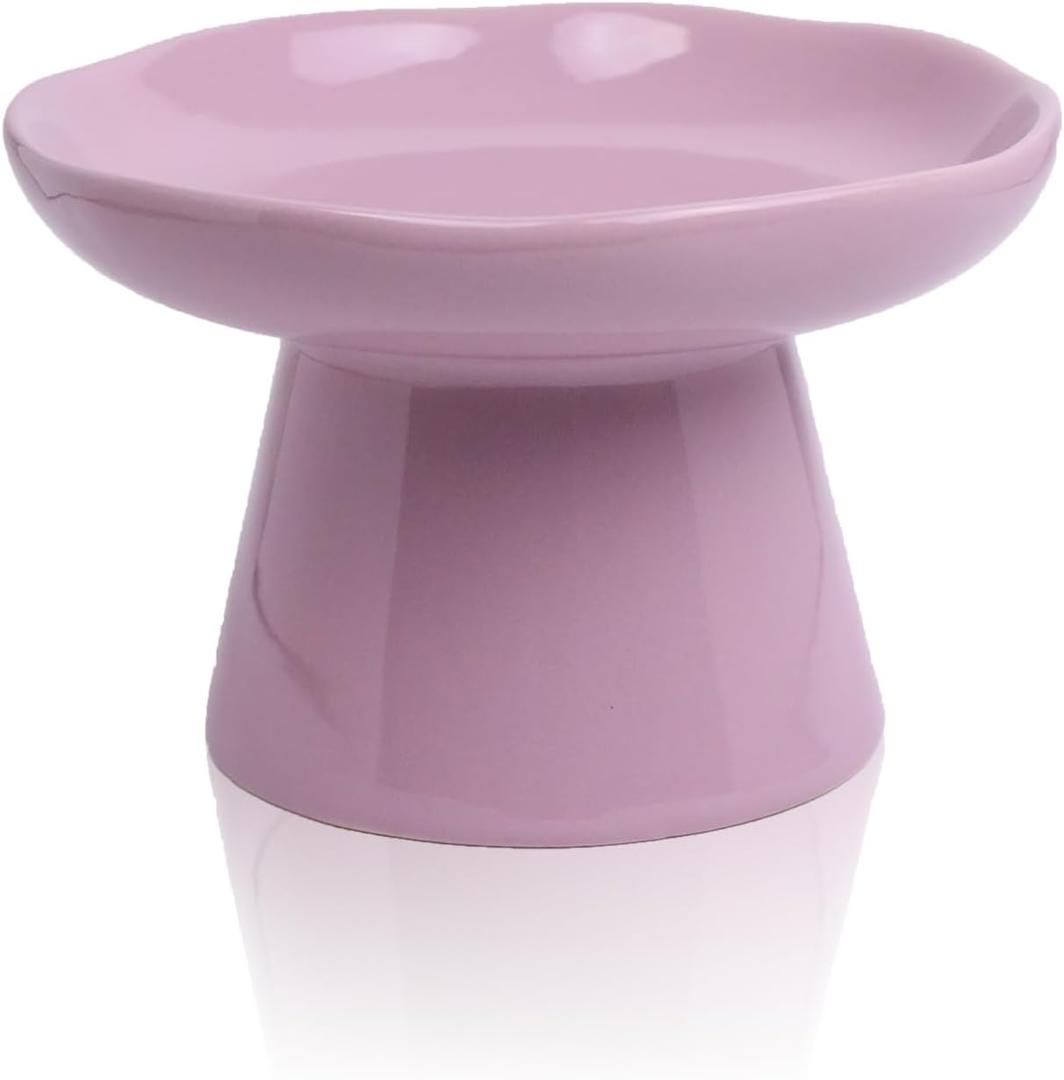 Wide Shallow 6.1" Raised Cat Bowls, Ceramic Elevated Food Plate for Flat Faced Cats and Small Dogs, Porcelain Feeder Bowl, Stress Free, Protect Cats Spine, Lavender