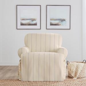 SureFit Heavyweight Cotton Duck T-Cushion Chair Slipcovers, Printed Heavyweight Cotton Chair Cover, One Piece Design, Armchair Cover with Seat Elastic and Corner Ties, Natural with Blue Stripe