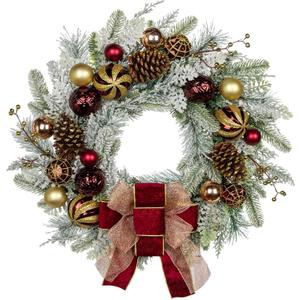 24" Christmas Wreath for Front Door Artificial Unlit Winter Wreath with Pine Cones, Berry Clusters, Burgundy Ball Ornaments and Ribbon for Thanksgiving Holiday Christmas Decoration
