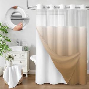 No Hook Shower Curtain and Liner Set,Ombre Beige Hotel Waffle Shower Curtain with Liner 75" L x 72" W