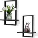 PHOENANCEE Square Floating Shelves, Plants Shelf Black, Framed Wall Plants Holder Decorative Modern Chic Wall Decor Set of 2 for Living Room Bedroom Bathroom Home Office, Solid Wood, L+S