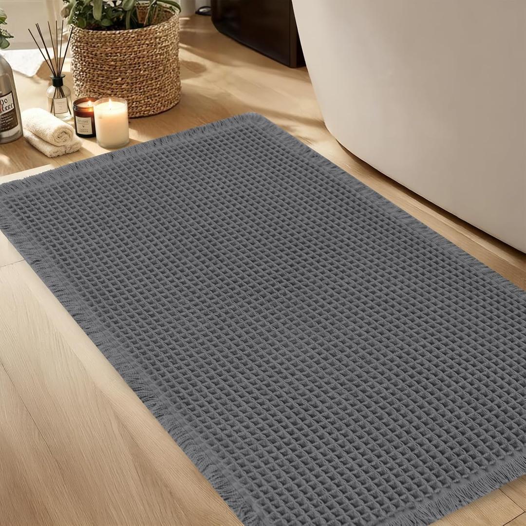 Hiasan Waffle Bath Mat, Super Absorbent Non Slip Bathroom Boho Rug with Tassels, Machine Washable Bath Mats for Bathroom, Ultra Soft Rubber Backed Rug, Dark Grey, 16 x 24 Inches
