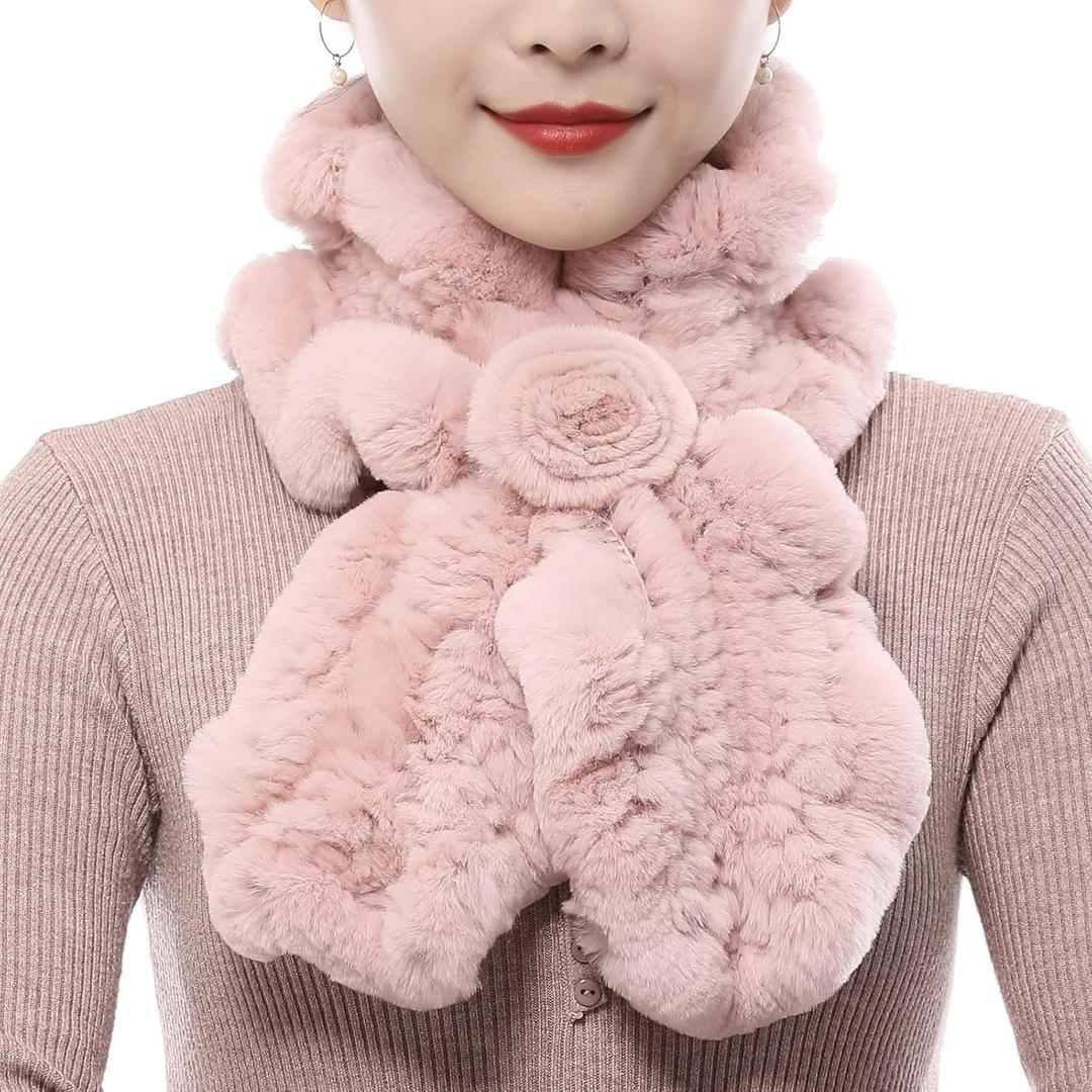 Valpeak Fur Scarves for Women Rabbit Fur Scarf Wrap Wave Cut Fur Neck Warmer Scarf for Winter Knitted Fuzzy Fluffy (Pink)