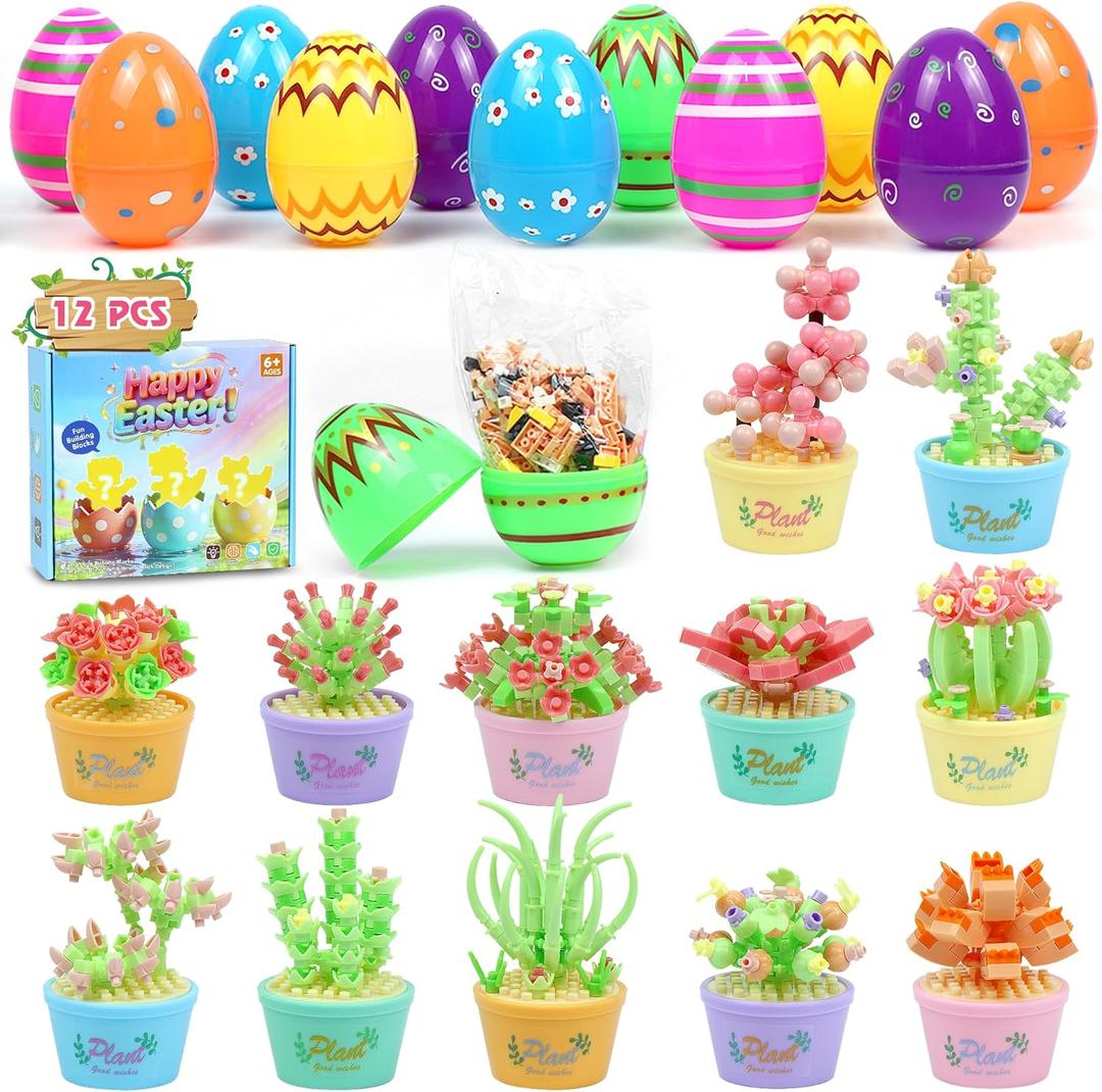 Easter Basket Stuffers Essentials, 12 Pcs Mini Animal Building Blocks with Easter Eggs, Building Blocks for Teens Kids Girls Boys Egg Hunt Prizes, Party Favors and Classroom Gifts (Easter - Flower B)