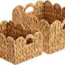Set of 2 Scalloped Edge Wicker Storage Basket with Built-in Handles, Rectangle Water Hyacinth Basket for Organizing, Decorative Woven Rattan Basket for Shelf, Nursery Room