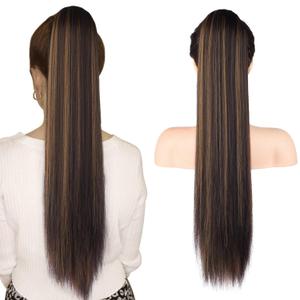 SEIKEA 28" Ponytail Extensions Drawstring Long Straight Fake Pony Tail Natural Soft Clip in Hair Extension Synthetic Heat Resistant Hairpiece - Chestnut Brown with Blonde Hightlights