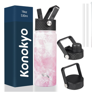 Konokyo 18 oz Insulated Water Bottle Stainless Steel Sport Bottles with 3 Lids,Marble Blossom