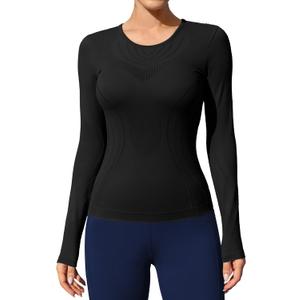 ATTRACO Women's Long Sleeve Shirts Crew Neck Thermal Tops Undershirts Slim Fit Base Layer Breathable (Medium, Black-2)
