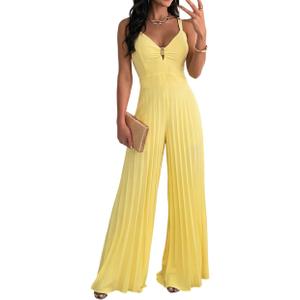 CHICME Women 2026 Sleeveless Deep V Sling Jumpsuit High Waist Pleated Jumpsuit Casual Beach Party Outfit with Lining (Small, Yellow)