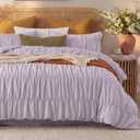 Bedbay Ruched Purple Comforter Set Queen Size,100% Cotton Boho Ruched Bedding Set,Soft Durable Lavender Fluffy Comforter,Shabby Chic 3 Pcs Romantic Ruffle Dreamy Aesthetic Bedding for All Seasons