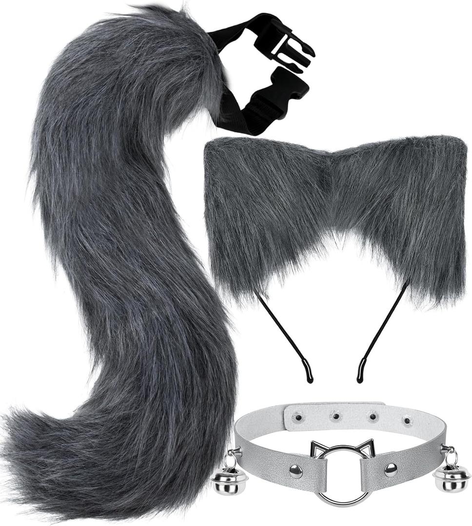 Cat Ears and Tail,Wolf Fox Ears Long Tail and Bell Lace Choker Set for Halloween,Animal Cosplay Party Costume (Grey)