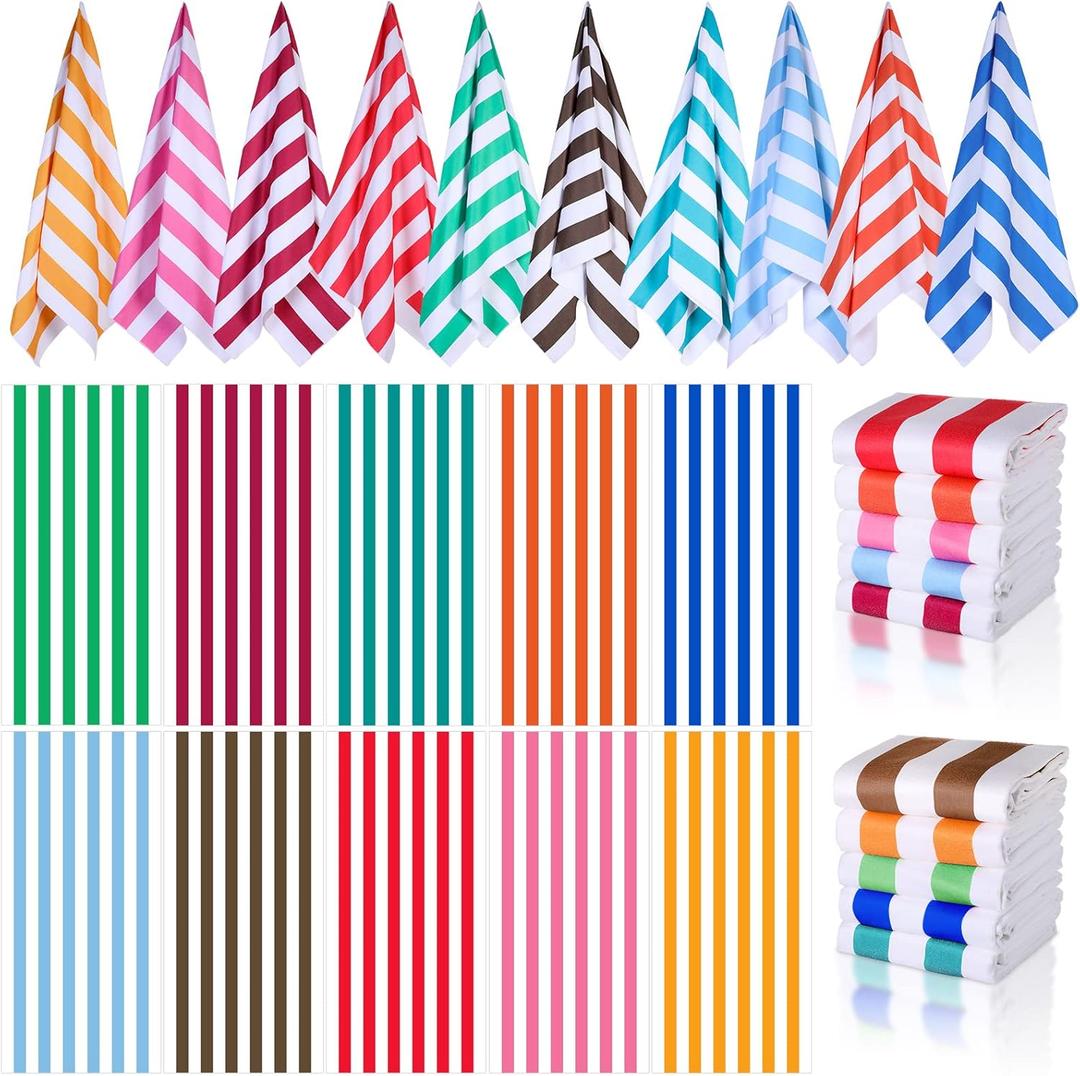 EBOOT 10 Pack Oversized Beach Towel Set Extra Large Pool Towels Microfiber Quick Dry Swim Blanket for Adult Women Men Face Hand Body Bath Travel Pool(Bright Color,28 x 59 Inch,Cabana Stripe)
