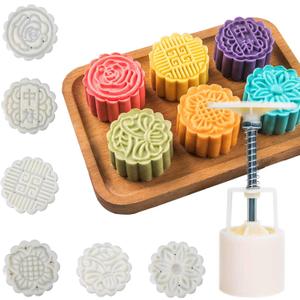 Moon Cake Mold 6 PCS, Mid Autumn Festival DIY Hand Press Cookie Stamps Pastry Tool Moon Cake Maker, Flower Mode Patterns 1 Mold 6 Stamps 50g (White).