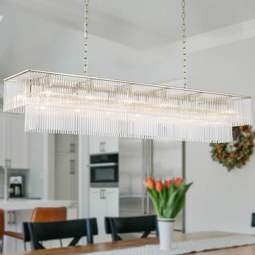 OSAIRUOS L59 Rectangle Chandelier for Dining Room, Modern Linear Glass Chandeliers, Copper Glass Raindrop Chandelier Light Fixture, Luxury Pendant Ceiling Light for Kitchen Island 21-Light