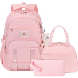 Hidds School Backpack for Teens Girls Women 3 PCS Kids Bookbag Set with Lunch Box College Laptop Backpacks Travel Daypack Bag (Pink)