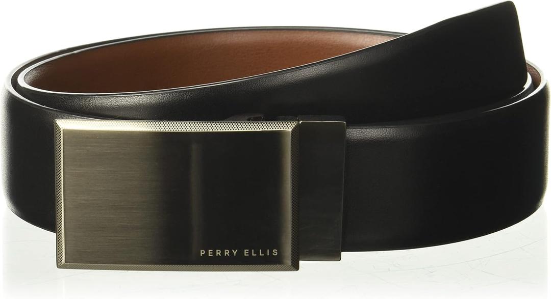 Perry Ellis Men's Portfolio Patterned Plaque 100% Leather Reversible Belt  (40, Black/Brown Reversible)