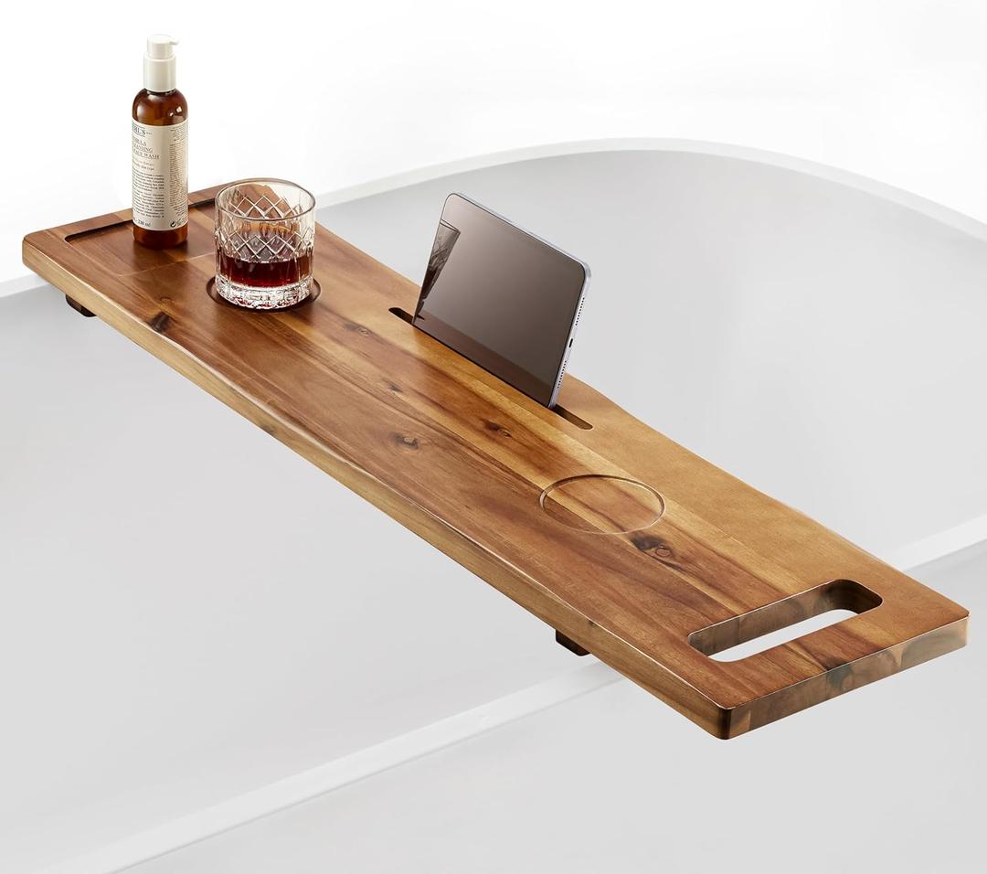 Tinamo Acacia Bathtub Caddy Tray Table | 39x10 Inch Large Bath Tub Tray Wooden | Anti-Tipping, Sustainable Tub Tray for Bathtub | Bathtub Accessories Holders for Bathtub (Acacia, 39x10)