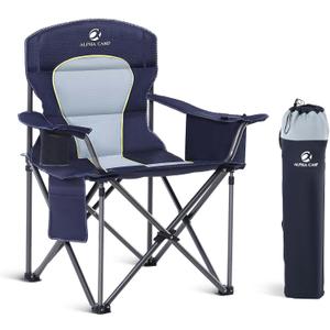 LET'S CAMP Oversized Folding Camping Chair Portable Outdoor Heavy Duty Padded Chairs Lawn Chair with Cup Holder, Storage Pocket and Cooler Bag, Supports 450LBS, for Camp, Travel, Picnic (Blue)