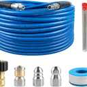 Pressure Washer Sewer Jetter Kit, 50 FT Hydro Drain Jetter Cleaner Hose, Button Nozzle and Rotating Sewer Jetting Nozzle, Orifice 4.0, 4.5, 1/4 inch NPT, 3000 PSI