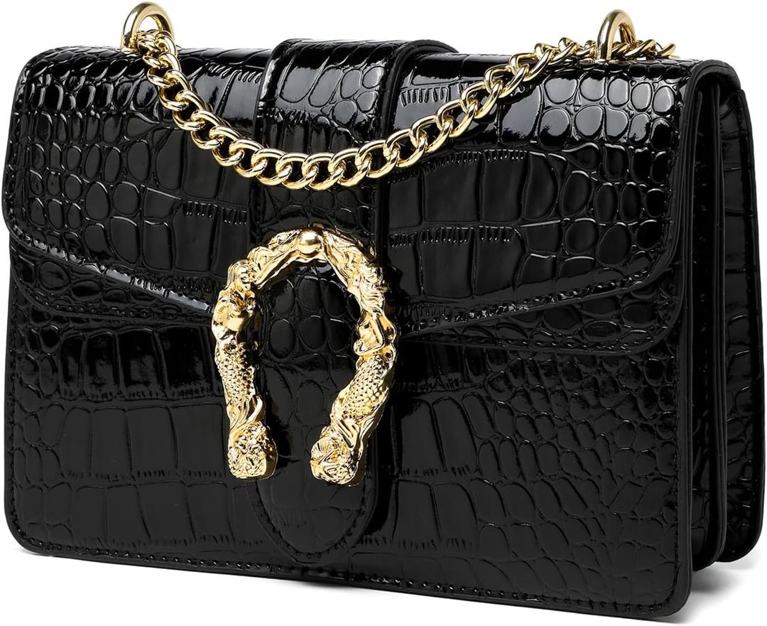 MYHOZEE Crossbody Bags for Women - Snake Printed Clutch Purses Leather Chain Shoulder Bags Evening Handbags (Small Size Bright Black)