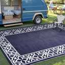 PureCozy Outdoor Plastic Straw Rug Navy Blue Large Outside Waterproof Outdoor Patio 6x9 Carpet Geometric Reversible Mat Modern for Camping RV Porch Deck Balcony Beach