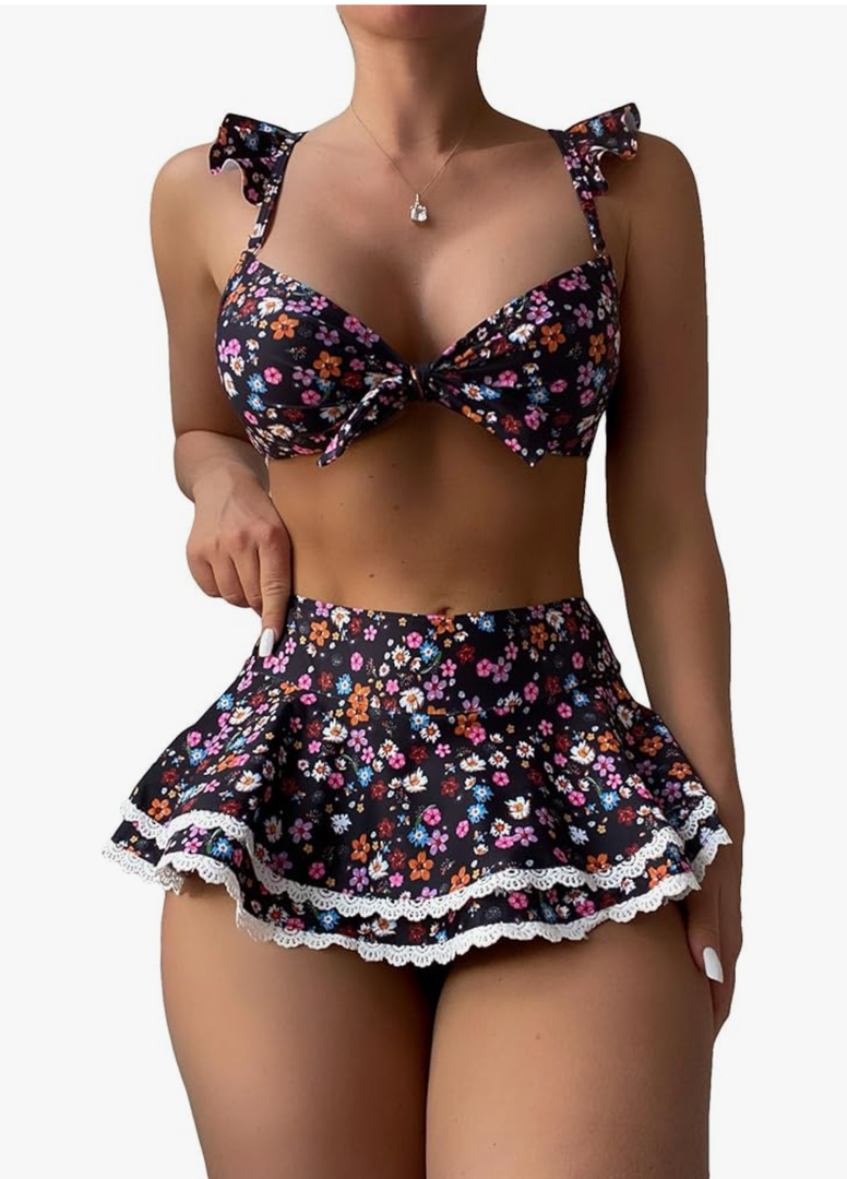 Women's 2 Piece Ruffle Bikini Sets Floral Tummy Control Skort Swimsuit Bathing Suit Beachwear (size Large)