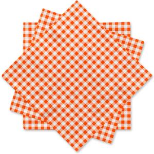 Gatherfun Disposable Paper Napkins 3-ply Orange and White Gingham Beverage Napkins for Dinner, Picnic, Birthday Party6.5X6.5 in, 50-Pack)
