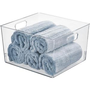 mDesign Large Modern Stackable Plastic Storage Organizer Bin Basket with Handles for Bathroom Vanity Organization - Shelf, Cubby, Cabinet, or Closet Organizing Decor, Ligne Collection - Clear