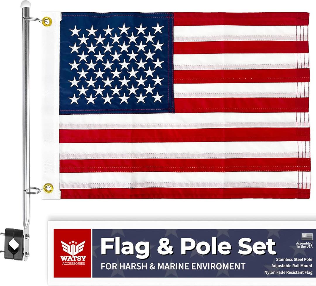 Boat Flag Pole Kit 12x18 Embroidered USA Flag + Stainless Pole & Clips | Marine-Grade, High Wind-Resistant, for Pontoon, Yacht, Deck Mount (USA Kit 12x18 Inch)