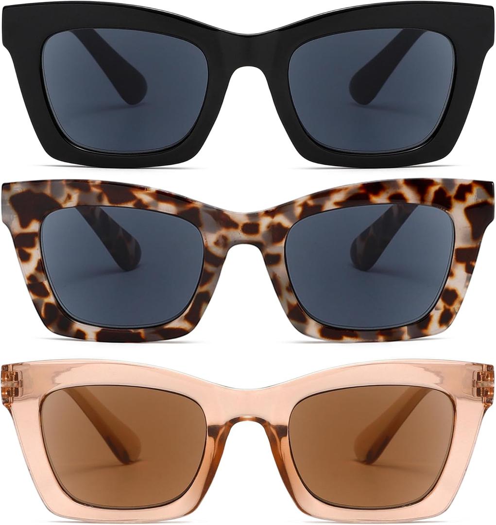 Reader Sunglasses 3 Pack Reading Sunglasses for women Stylis Style UV400 Full Lens Outdoor Reader Spring Hinge (2.25 x, Black, Champagne, White Tortoise)