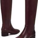 ISNOM Knee High Boots Women Chunky Low Heel Square Toe Elastic Boots Side Zipper Faux Leather Fall Long Tall Boot (7.5, Burgundy-block Heels)