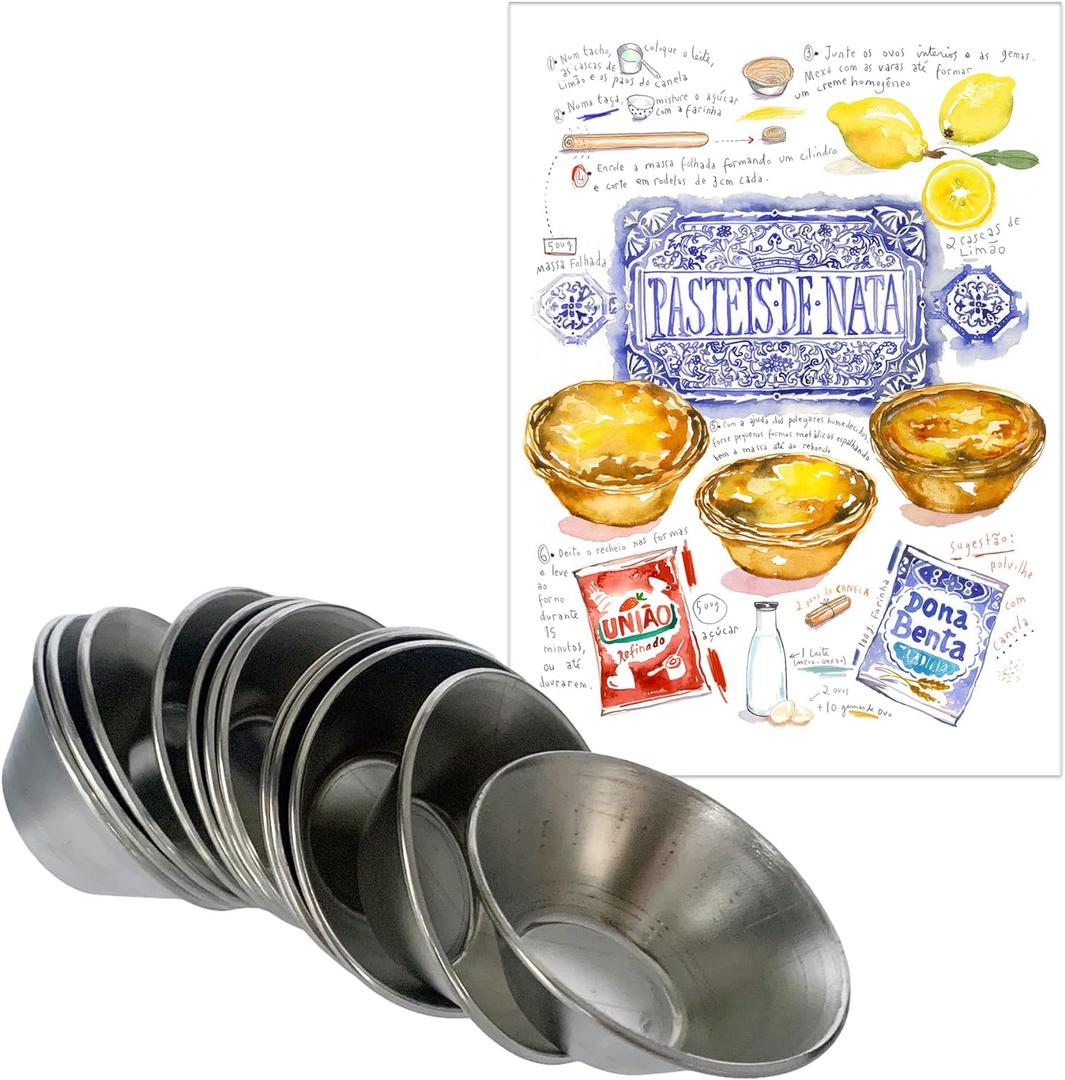 Pastel de Nata Tins (Egg Tart Tins) - Made in Portugal out of Galvanized Steel - Includes Pastis de Nata Print Postcard and Downloadable Recipe - Set of 12 (Standard 3 cm height)