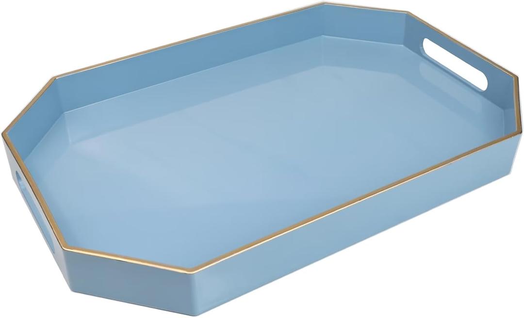 Spsyrine Blue Plastic Serving Tray for Ottoman, Coffee Table, Octagon Decorative Tray for Entertaining, Outdoor, Living Room, Home Decor (15.7" x 10.2" x 1.6")