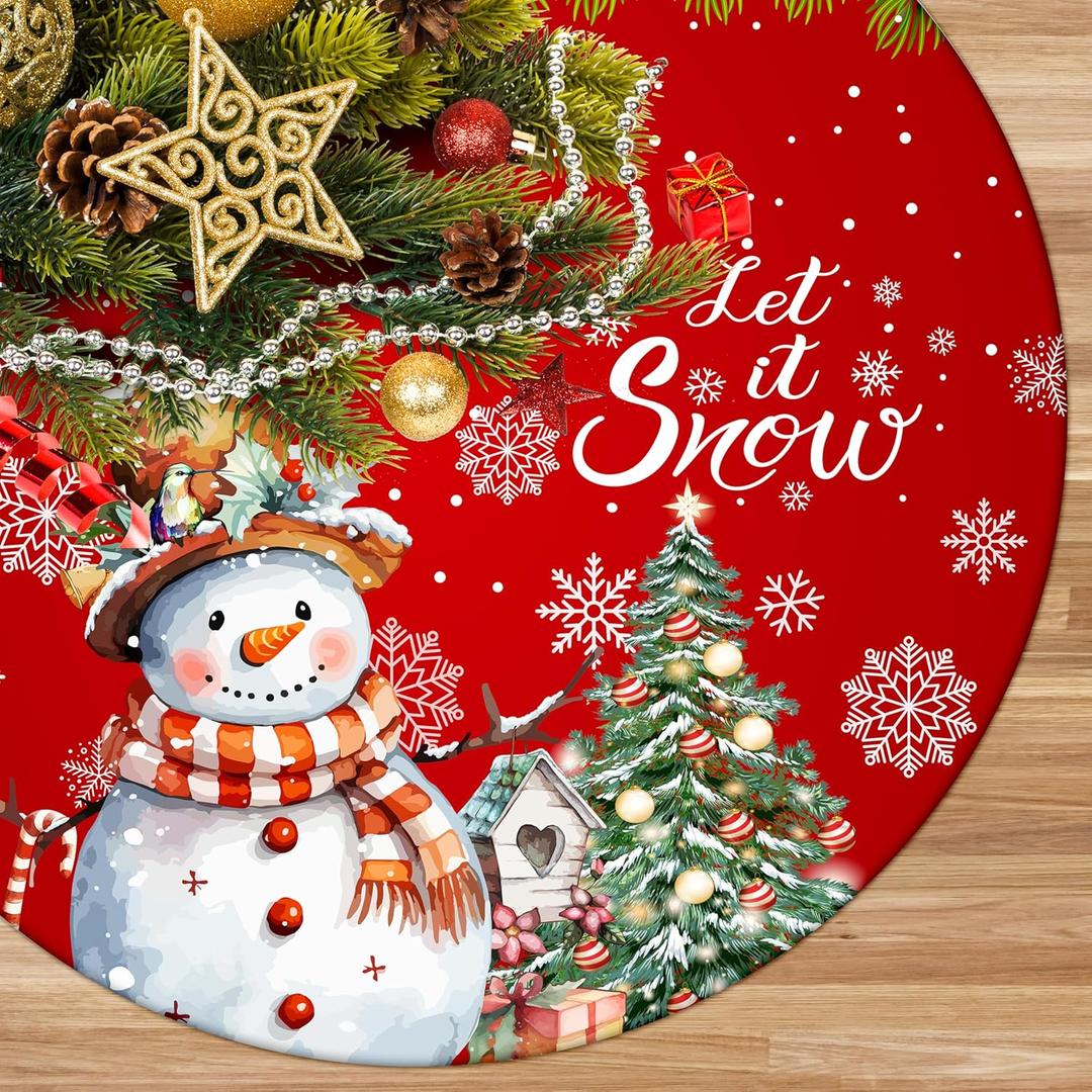 Christmas Tree Skirt Snowman Tree Decorations Buffalo Plaid Christmas Tree Mat Xmas Tree Skirt Ornaments for Holiday Party Indoor House Decor (Red, 48 Inches)