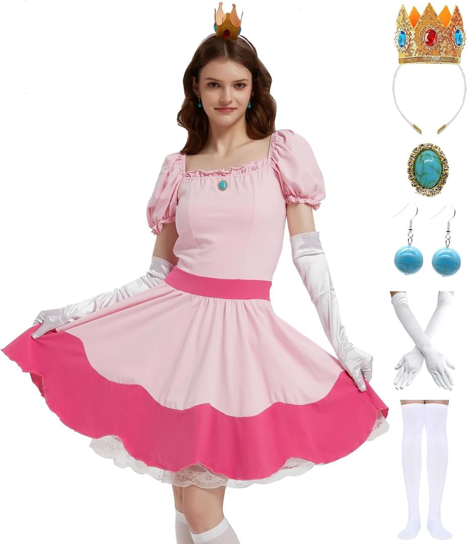 KaKaxi Halloween Costume Evening Dresses with Waist Belts Gloves Hats Golden Crown Leggings Earrings for Women (Large)